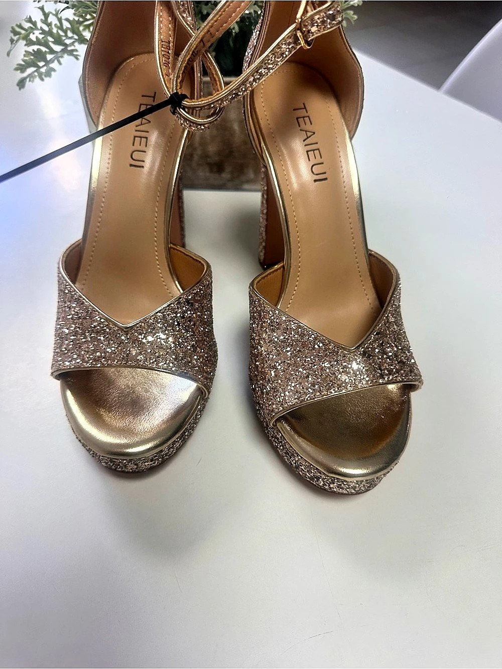 TEALEVI Glitter Platform Heels in Gold New